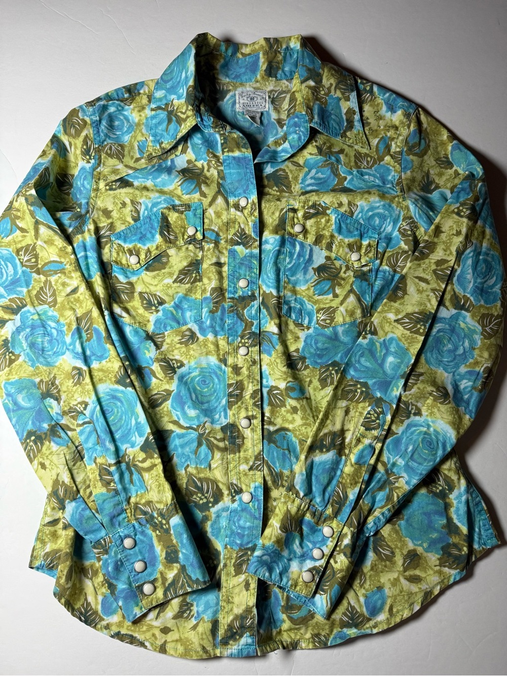 Vintage 90’s Lucky Brand Dungarees Western Pearl Snap Blue Green Medium